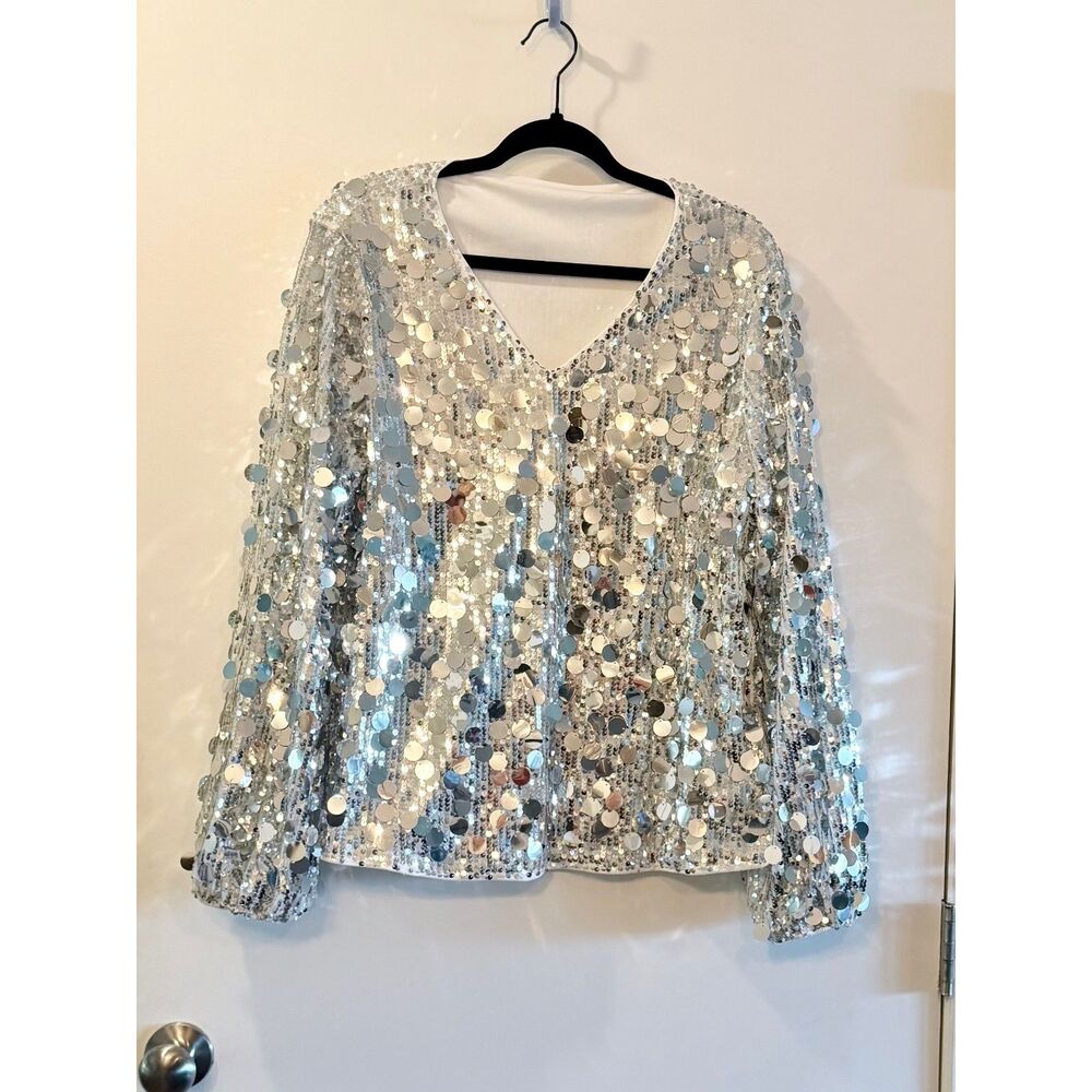 EUC EMERY ROSE Women's Luxurious Sequin V-Neck Long Sleeve Blouse XL Silver - Picture 4 of 8